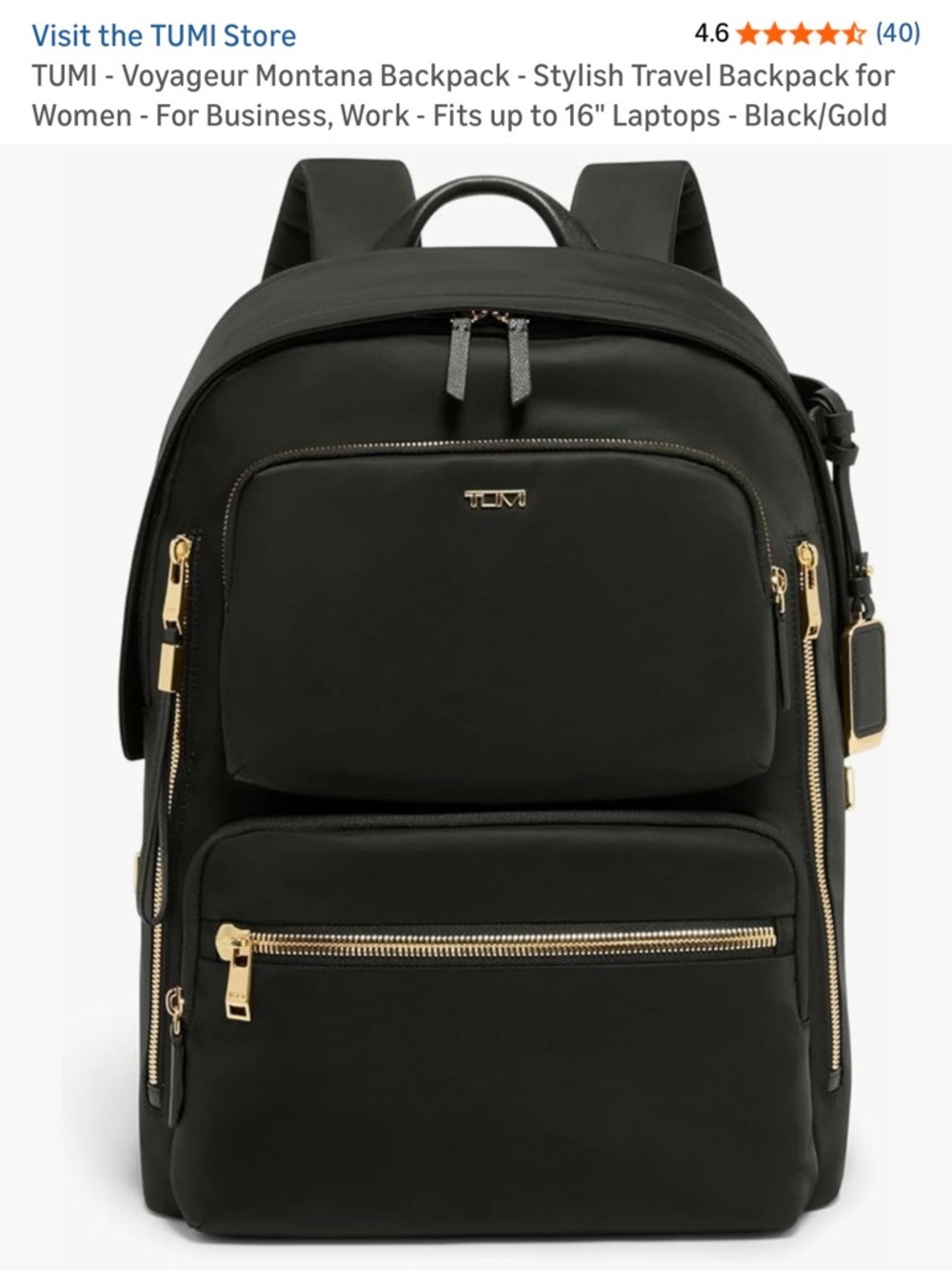 Tumi Black Backpack with Gold Hardware